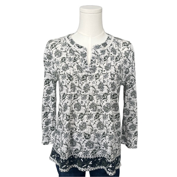 Lucky Brand Tops - Lucky Brand Green & Cream Floral Split-Neck Tunic Size S